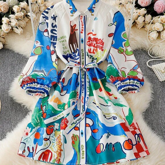 Multicolor Bohemian Women's Casual Printed Shirt Cardigan Tie Dress - Picture 3 of 6